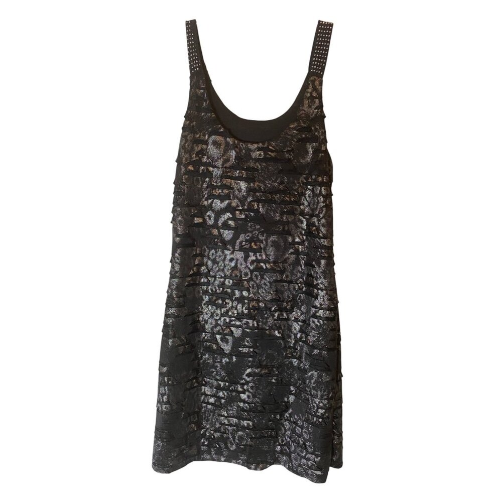 Black Sleeveless Textured Print Dress Studded Straps XL Polyester Spandex XL